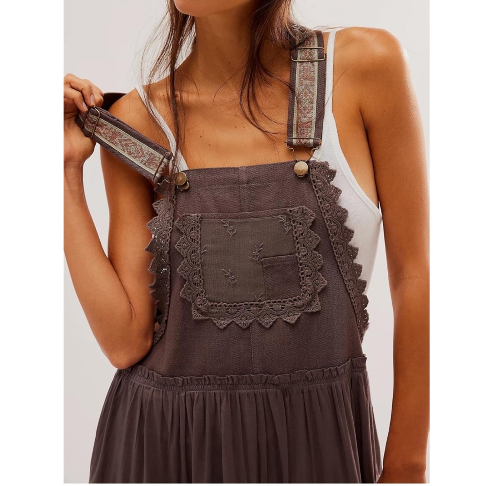 Brown Maxi Pinafore Dress with Lace Trim